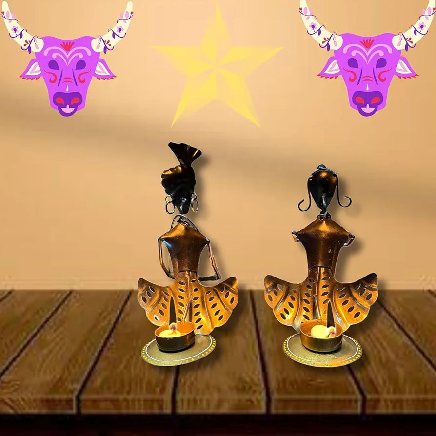 pranjals house Decorative Tribal Rajasthani Musician Metal Showpiece, Idol & Statue for Home Living Room Office Bedroom Table Top with Tealight Holder, Perfect for Gifting Size-8.5 x 5 Inches