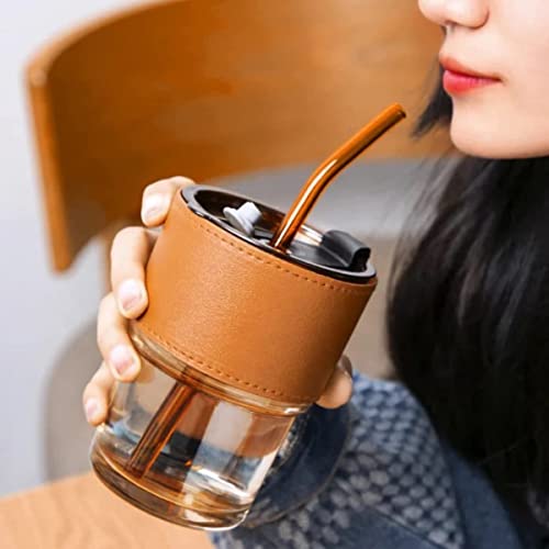 MARTVIA 450ML Glass Tumbler Mug with Lid, Straw and Protective Anti-Skid Leather Sleeve for Hot and Cold Beverages Tea Coffee Smoothies Fruit Juice Travel Mug (BrownMugs)|B0BWTK4NSP