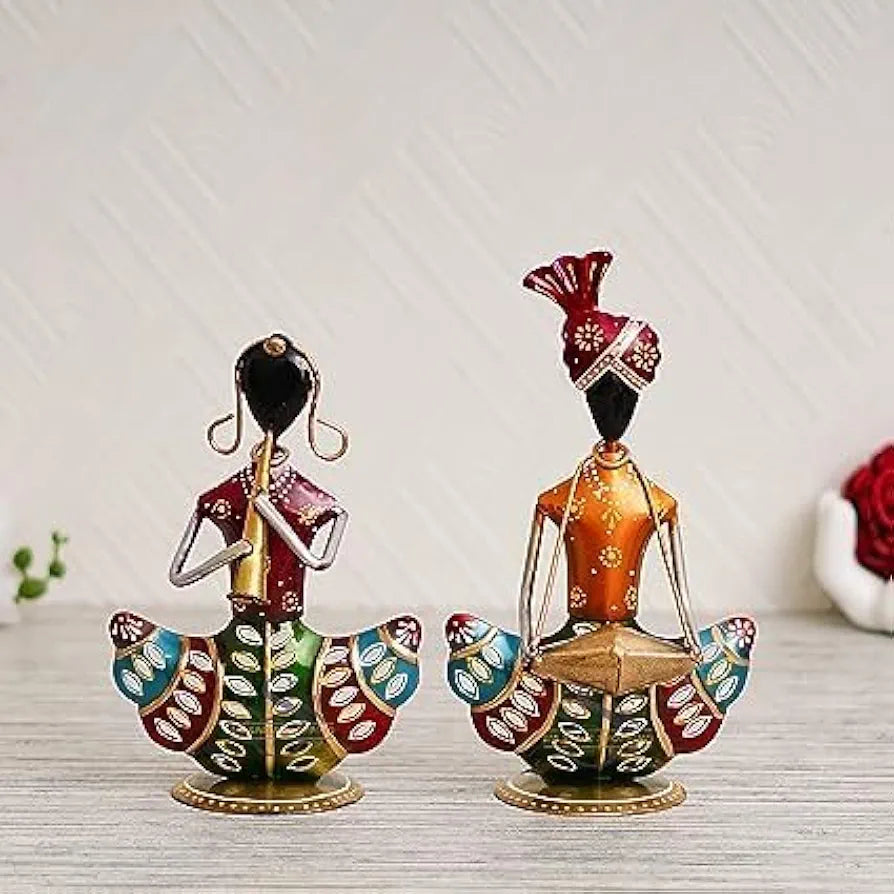 pranjals house Decorative Tribal Rajasthani Musician Metal Showpiece, Idol & Statue for Home Living Room Office Bedroom Table Top with Tealight Holder, Perfect for Gifting Size-8.5 x 5 Inches