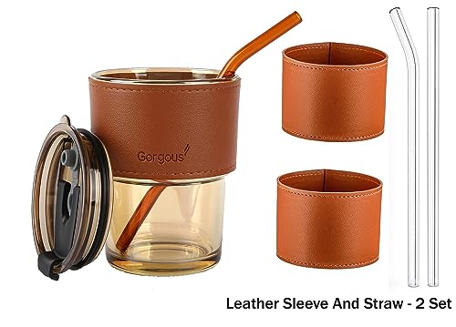 MARTVIA 450ML Glass Tumbler Mug with Lid, Straw and Protective Anti-Skid Leather Sleeve for Hot and Cold Beverages Tea Coffee Smoothies Fruit Juice Travel Mug (BrownMugs)|B0BWTK4NSP