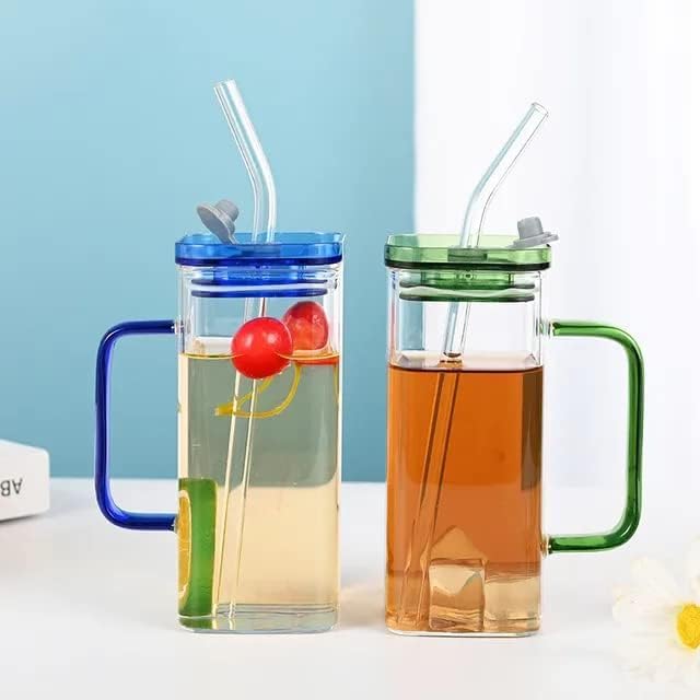 Square Glass Tumbler Coffee Mug with Coloured Handle Drinking Glasses