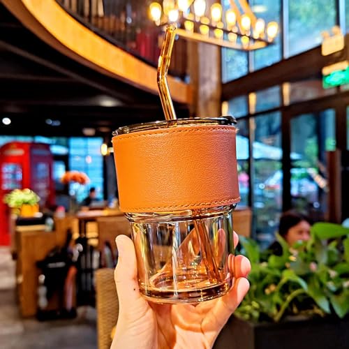 MARTVIA 450ML Glass Tumbler Mug with Lid, Straw and Protective Anti-Skid Leather Sleeve for Hot and Cold Beverages Tea Coffee Smoothies Fruit Juice Travel Mug (BrownMugs)|B0BWTK4NSP