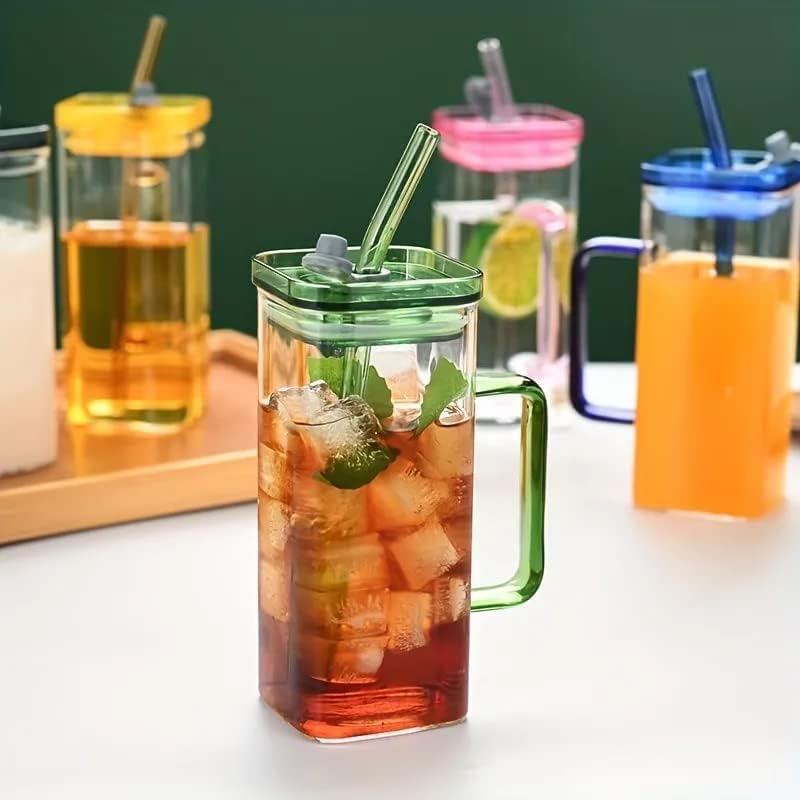 Square Glass Tumbler Coffee Mug with Coloured Handle Drinking Glasses