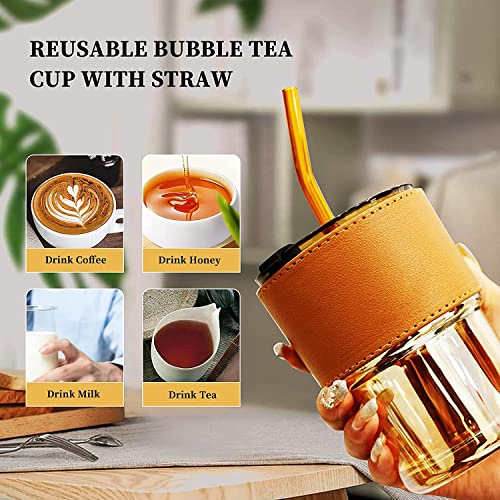 MARTVIA 450ML Glass Tumbler Mug with Lid, Straw and Protective Anti-Skid Leather Sleeve for Hot and Cold Beverages Tea Coffee Smoothies Fruit Juice Travel Mug (BrownMugs)|B0BWTK4NSP