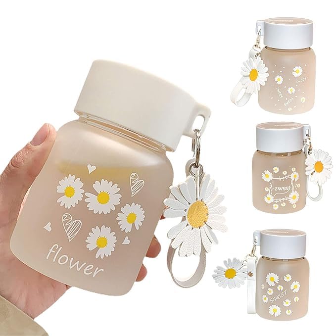 CLICKSWIFT 350ml Cute Daisy Flower Glass Water Bottle, Leak-Proof, Hand Wash Only, BPA-Free Mini Portable Beverage Cup, PVC-Free, Perfect for Coffee, Tea, Juice - Ideal Birthday Gift for Teen Girl|B0DMNW63N2
