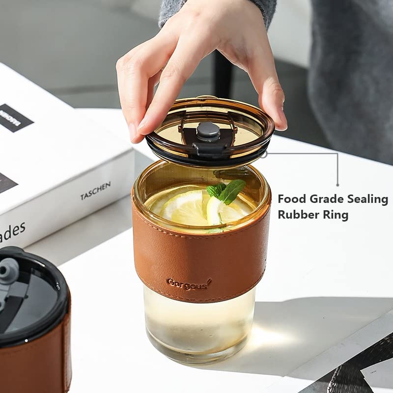 MARTVIA 450ML Glass Tumbler Mug with Lid, Straw and Protective Anti-Skid Leather Sleeve for Hot and Cold Beverages Tea Coffee Smoothies Fruit Juice Travel Mug (BrownMugs)|B0BWTK4NSP