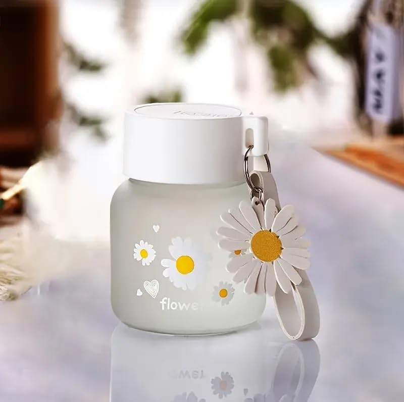CLICKSWIFT 350ml Cute Daisy Flower Glass Water Bottle, Leak-Proof, Hand Wash Only, BPA-Free Mini Portable Beverage Cup, PVC-Free, Perfect for Coffee, Tea, Juice - Ideal Birthday Gift for Teen Girl|B0DMNW63N2