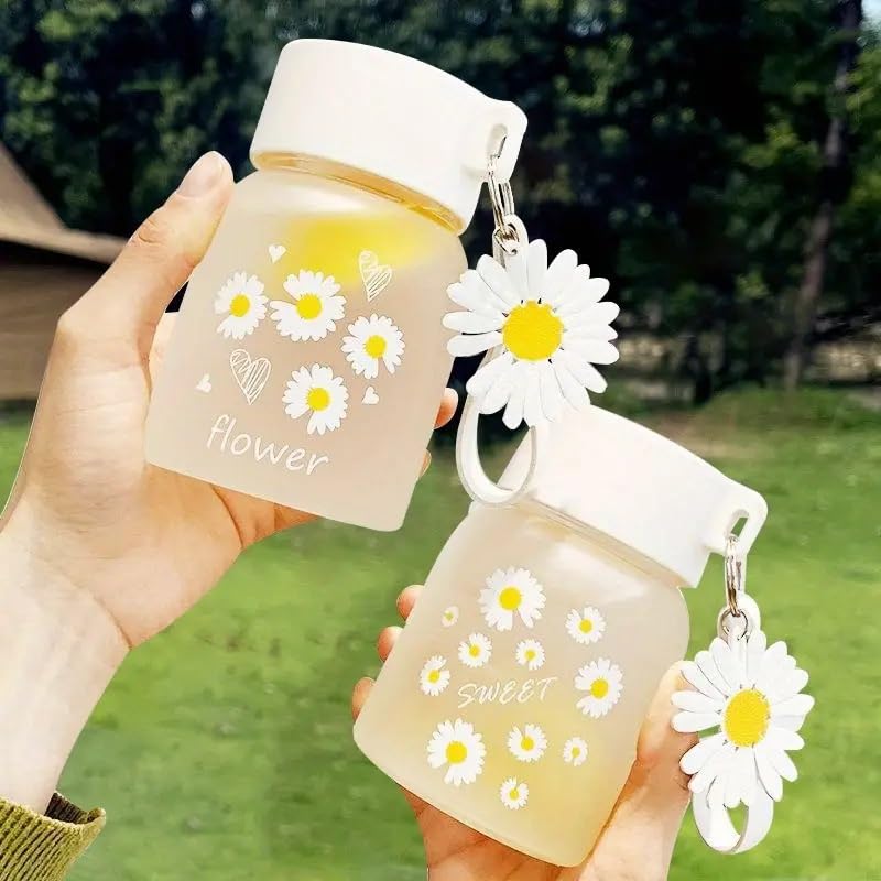 CLICKSWIFT 350ml Cute Daisy Flower Glass Water Bottle, Leak-Proof, Hand Wash Only, BPA-Free Mini Portable Beverage Cup, PVC-Free, Perfect for Coffee, Tea, Juice - Ideal Birthday Gift for Teen Girl|B0DMNW63N2