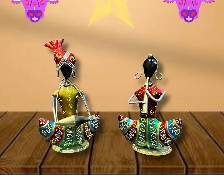 pranjals house Decorative Tribal Rajasthani Musician Metal Showpiece, Idol & Statue for Home Living Room Office Bedroom Table Top with Tealight Holder, Perfect for Gifting Size-8.5 x 5 Inches
