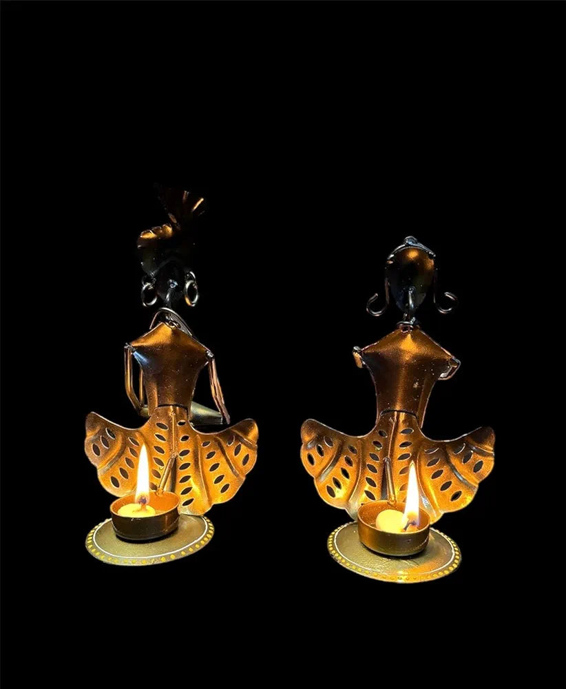 pranjals house Decorative Tribal Rajasthani Musician Metal Showpiece, Idol & Statue for Home Living Room Office Bedroom Table Top with Tealight Holder, Perfect for Gifting Size-8.5 x 5 Inches