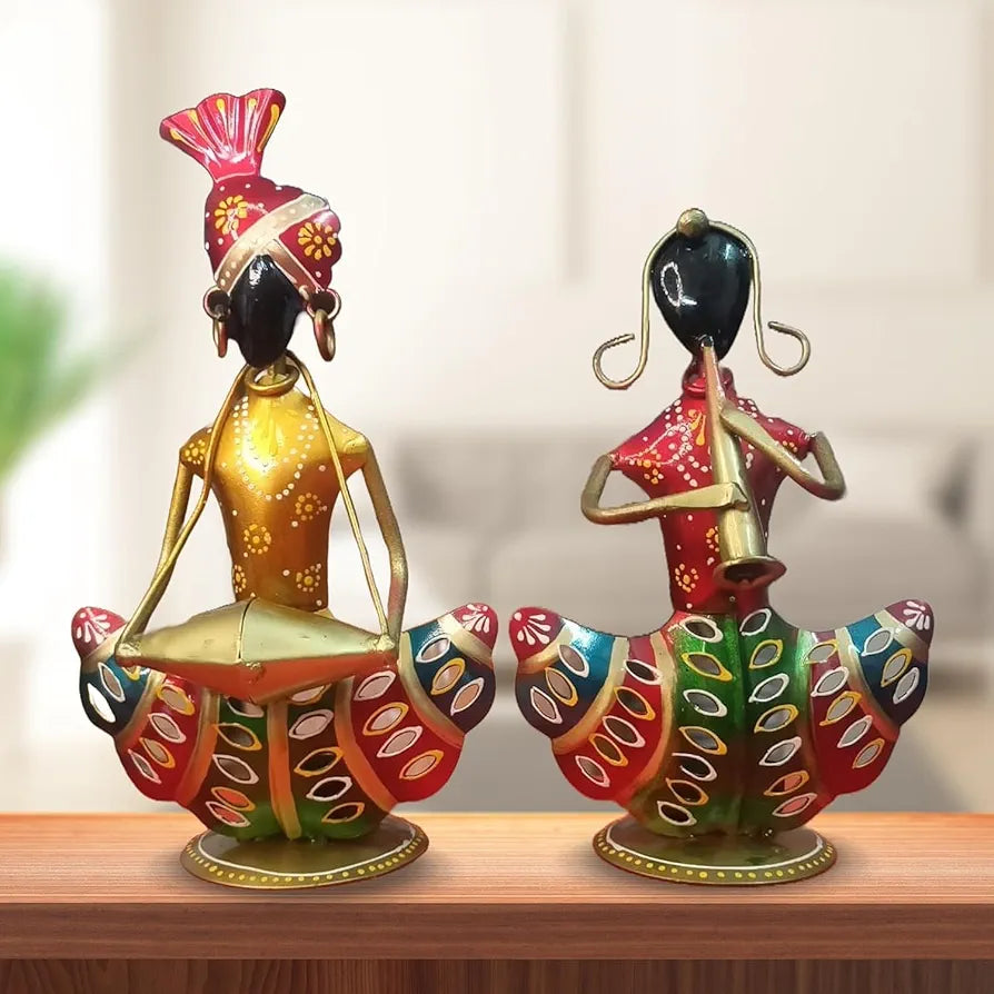 pranjals house Decorative Tribal Rajasthani Musician Metal Showpiece, Idol & Statue for Home Living Room Office Bedroom Table Top with Tealight Holder, Perfect for Gifting Size-8.5 x 5 Inches