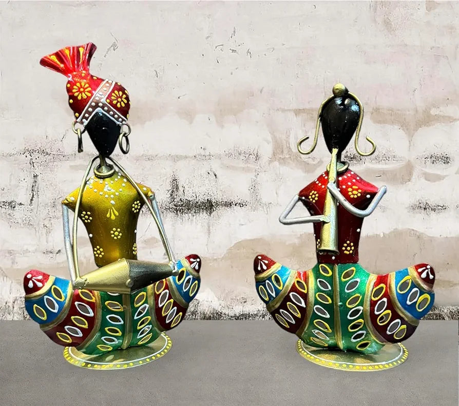 pranjals house Decorative Tribal Rajasthani Musician Metal Showpiece, Idol & Statue for Home Living Room Office Bedroom Table Top with Tealight Holder, Perfect for Gifting Size-8.5 x 5 Inches