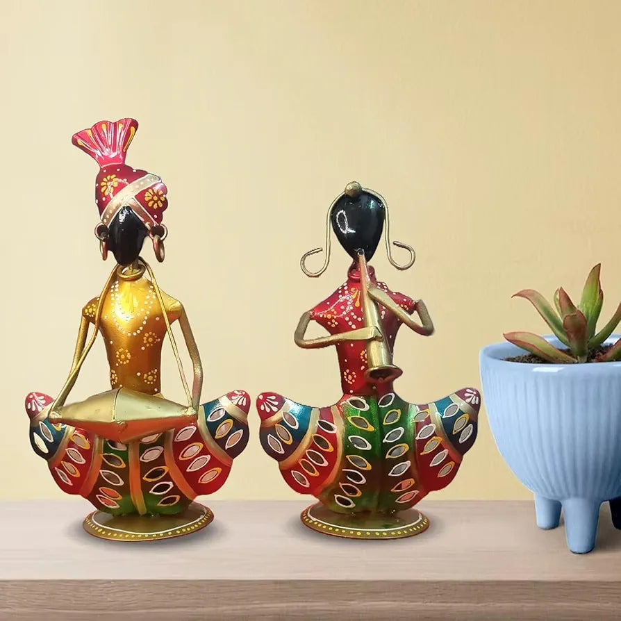 pranjals house Decorative Tribal Rajasthani Musician Metal Showpiece, Idol & Statue for Home Living Room Office Bedroom Table Top with Tealight Holder, Perfect for Gifting Size-8.5 x 5 Inches