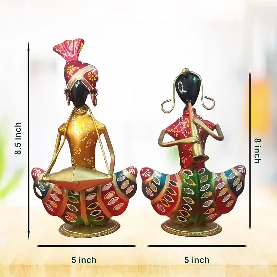 pranjals house Decorative Tribal Rajasthani Musician Metal Showpiece, Idol & Statue for Home Living Room Office Bedroom Table Top with Tealight Holder, Perfect for Gifting Size-8.5 x 5 Inches