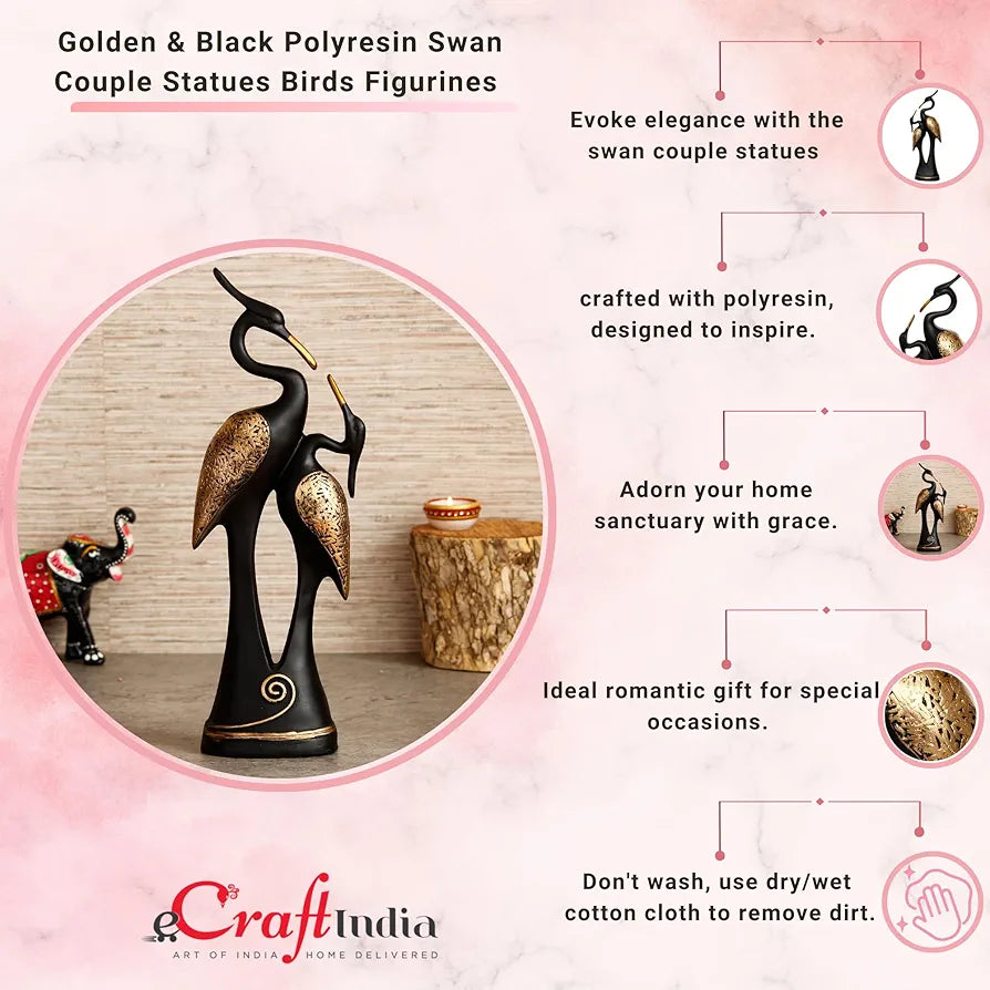 eCraftIndia Resin Golden and Black Kissing Swan Couple Statues Love Birds Figurines Decorative Showpieces | Elegant Home Office Decoration | Gift for Christmas, Wedding, New Year, Valentine's Day