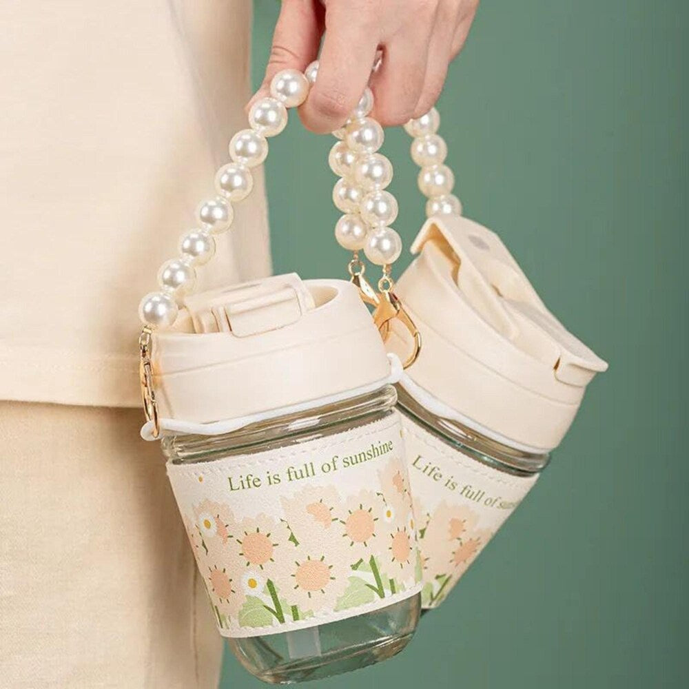 Reusable Glass Travel Mug with Pearl Tote Chain & Non-Slip Sleeve (BPA-Free)-350 ml
